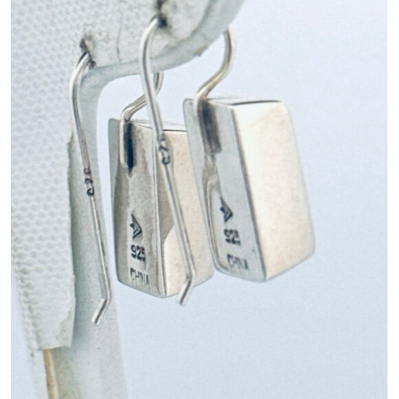 Estate Sterling Silver 925 Rectangular Drop Dangle Earrings, Modernist Design - Picture 2 of 7